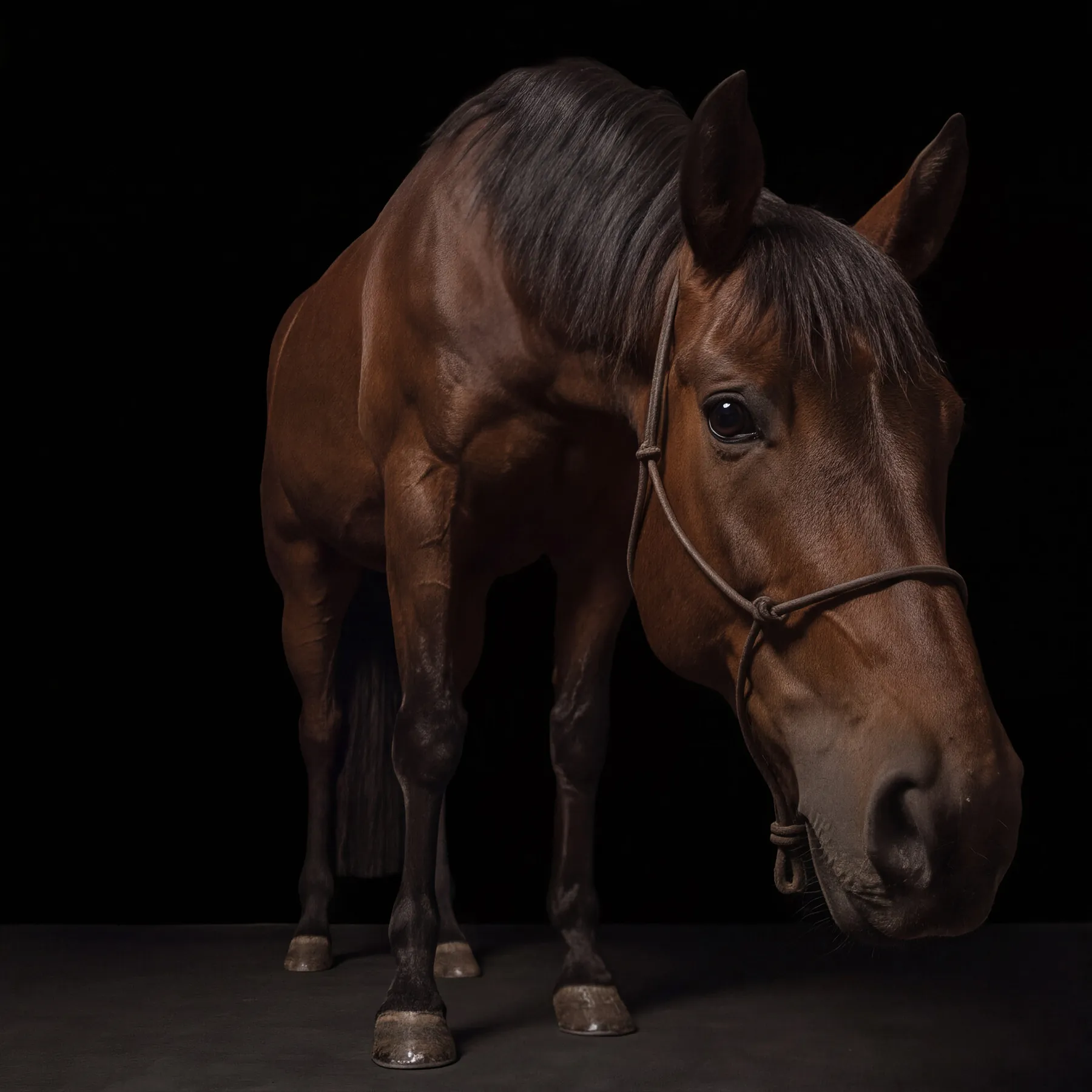 Cavalo castanho em retrato sobre fundo escuro